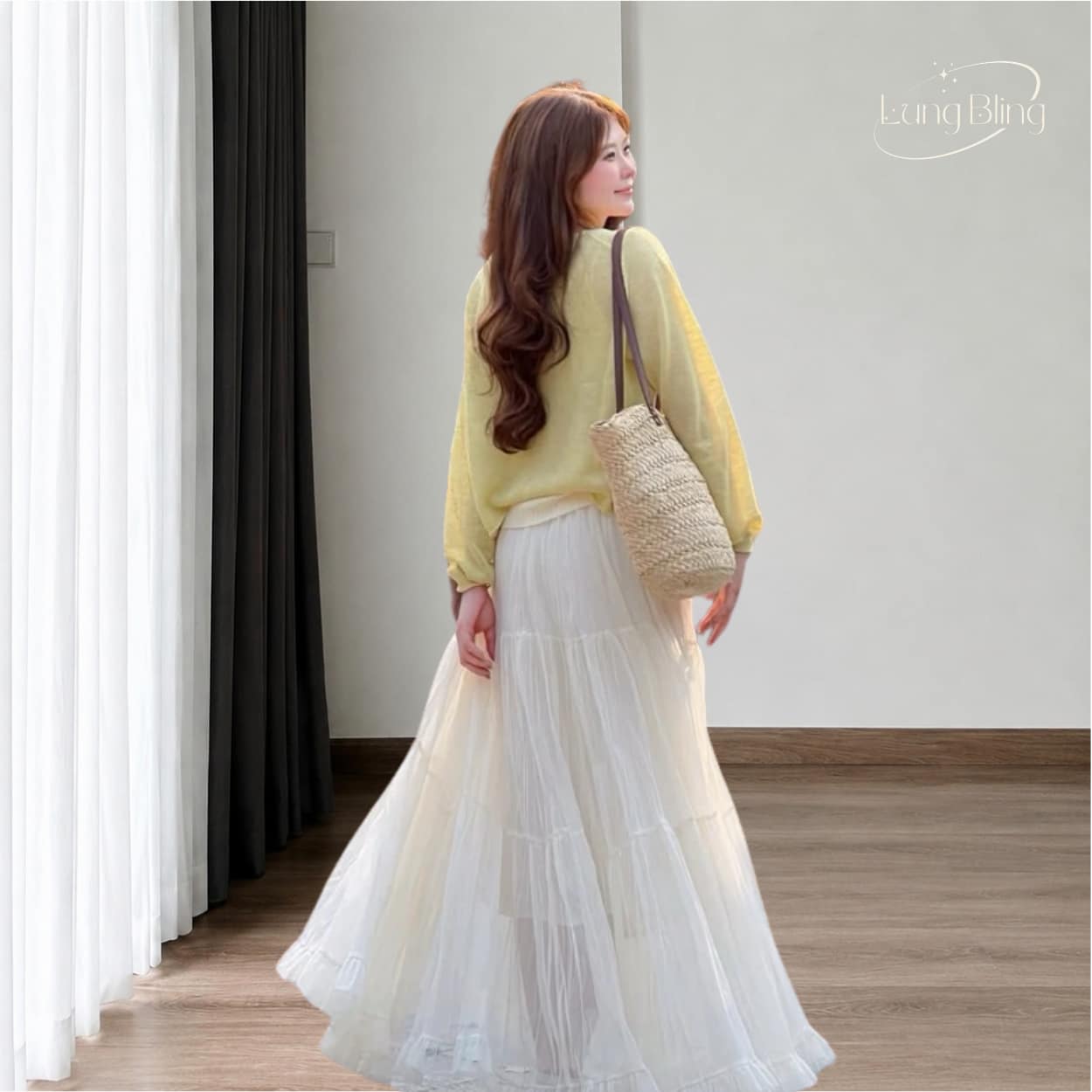Chân váy dài 90cm dáng xoè chất voan