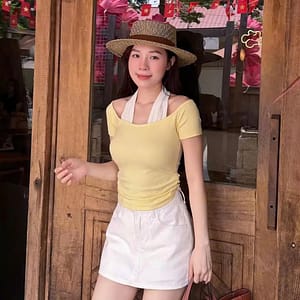 Áo Thun Trễ Vai Nữ Phối Yếm màu xanh phối quần trắng thời trang