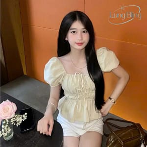 Dáng chuppy áo nữ màu kem tay phồng nhún eo phong cách Hàn Quốc