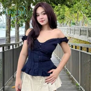 Áo trễ vai nữ màu đen tôn dáng phối quần short