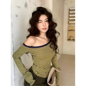 Áo thun dài tay nữ phong cách Hàn Quốc sọc vai xéo